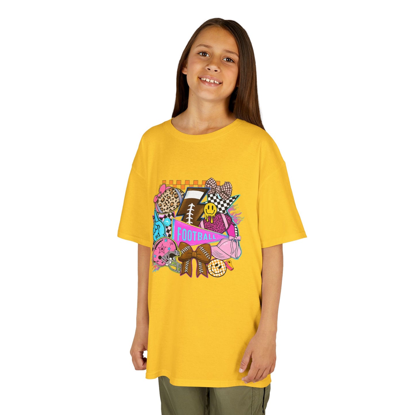 Kids Football Graphic Tee — Colorful Sticker-Style Sports Design