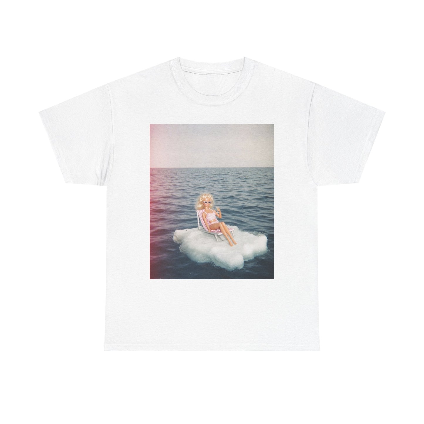 Blonde Doll on Cloud in Ocean T-Shirt | Surreal Vintage Photo Tee