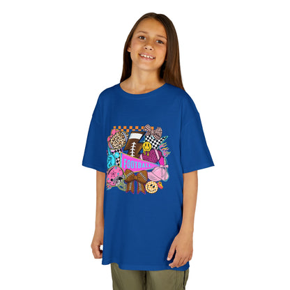 Kids Football Graphic Tee — Colorful Sticker-Style Sports Design