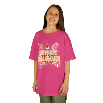 Kids Tee — "Game Day Hallelujah" Pink Football Cheer Shirt