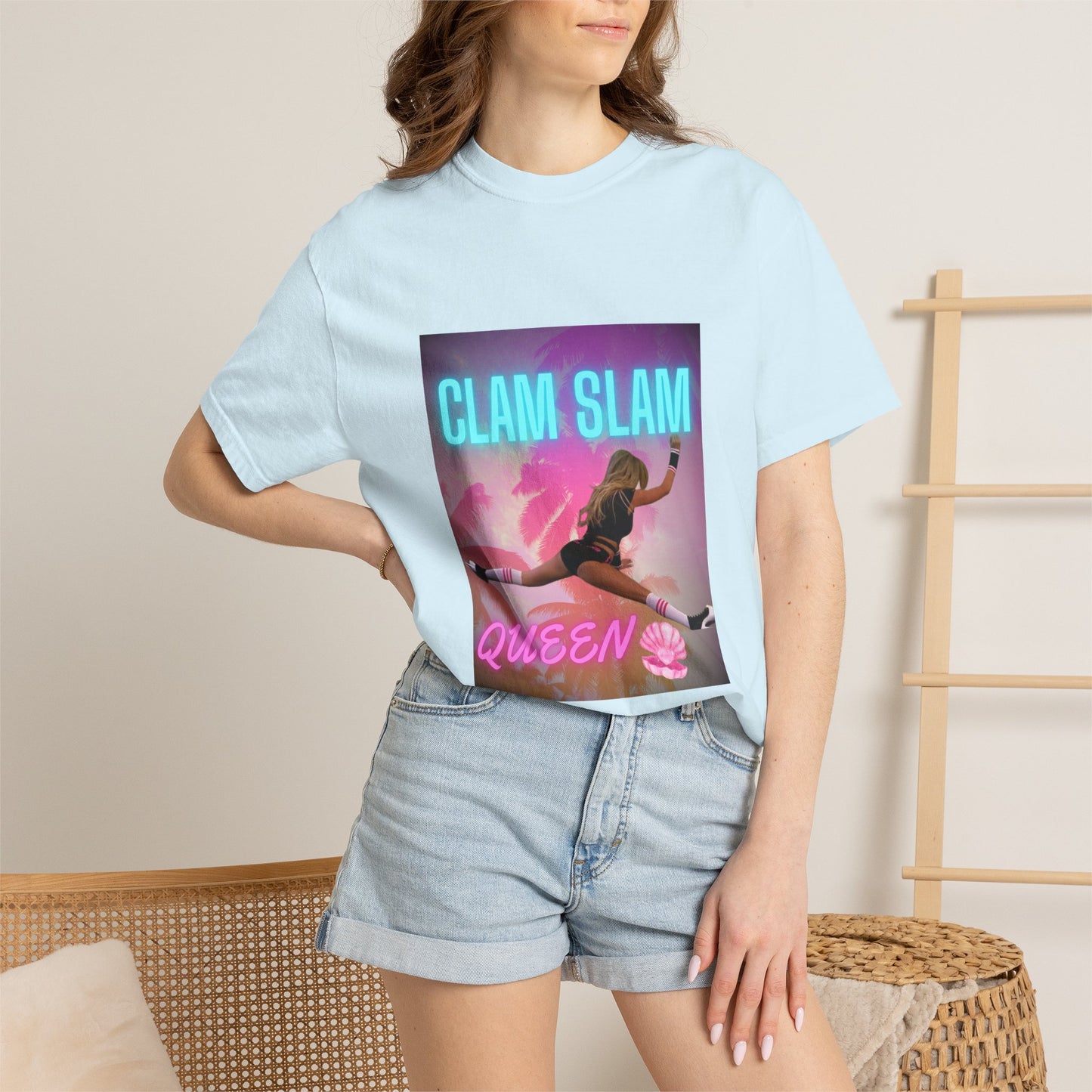 Clam Slam Queen T‑Shirt — Retro Neon Skategirl Graphic Tee