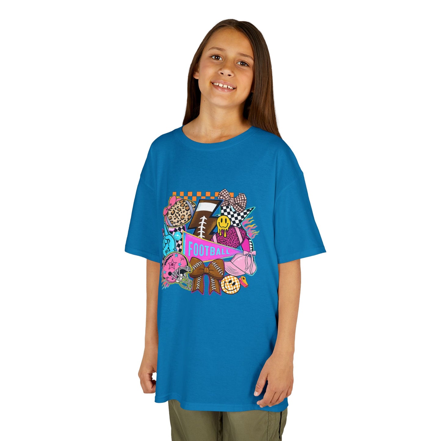 Kids Football Graphic Tee — Colorful Sticker-Style Sports Design