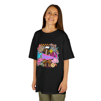 Kids Football Graphic Tee — Colorful Sticker-Style Sports Design