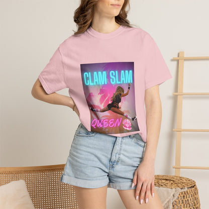 Clam Slam Queen T‑Shirt — Retro Neon Skategirl Graphic Tee