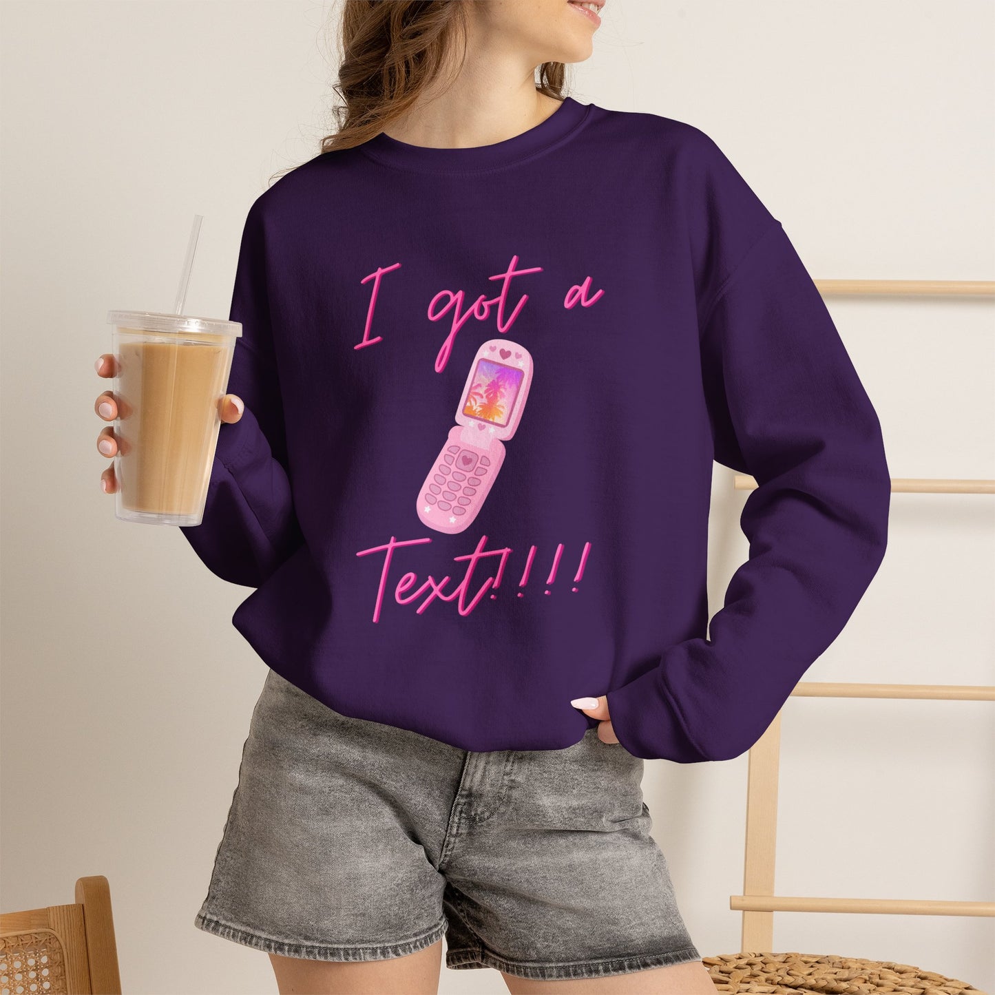 I Got a Text! Crewneck Sweatshirt — Retro Pink Flip Phone Graphic