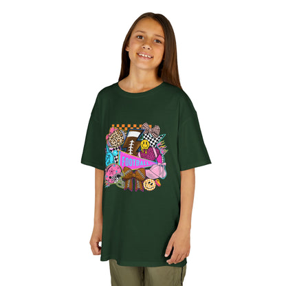 Kids Football Graphic Tee — Colorful Sticker-Style Sports Design