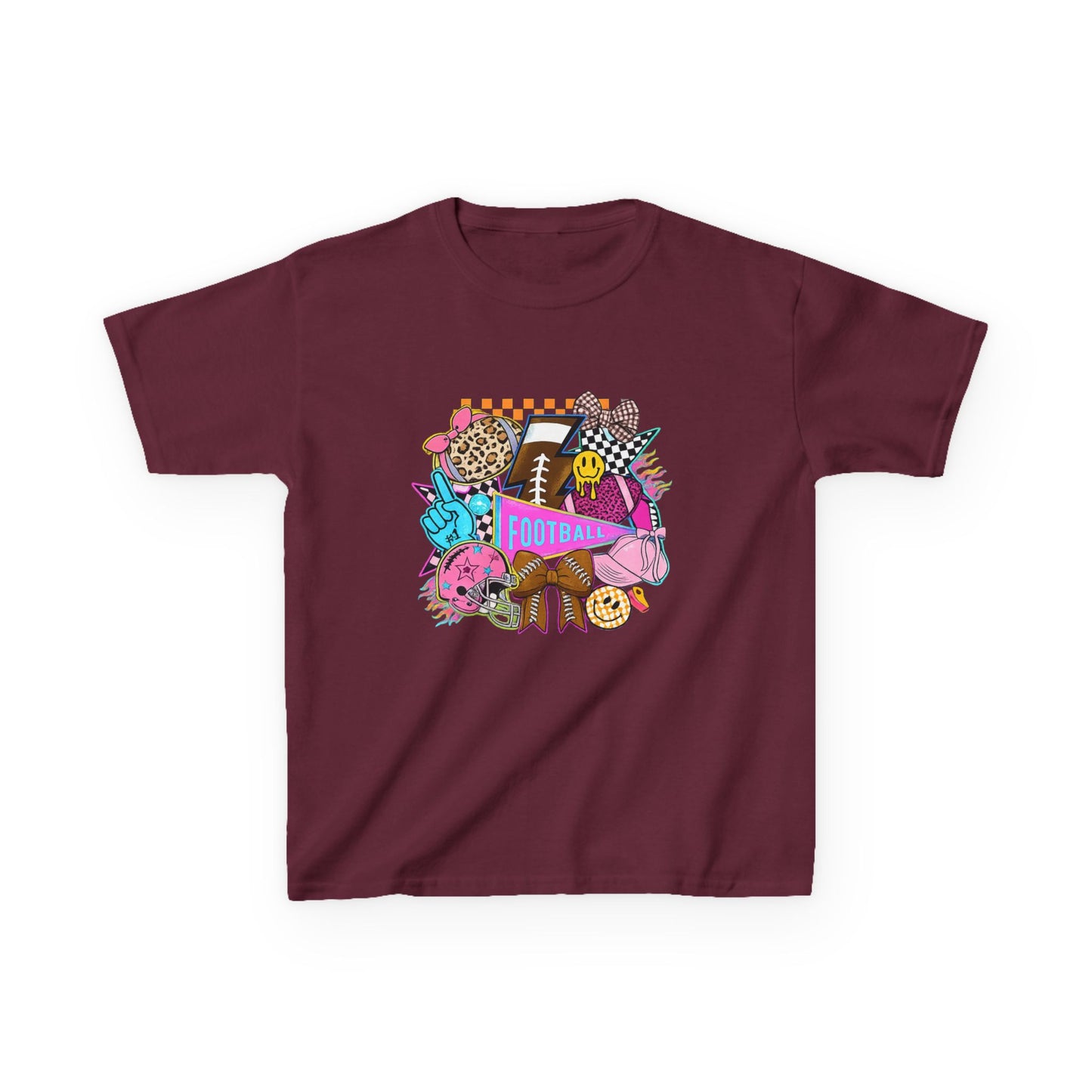 Kids Football Graphic Tee — Colorful Sticker-Style Sports Design