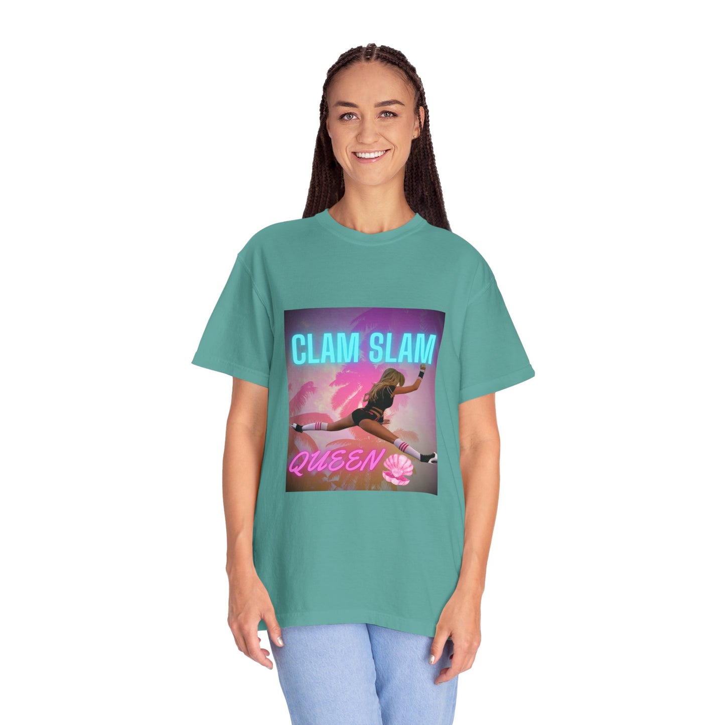 Clam Slam Queen T‑Shirt — Retro Neon Skategirl Graphic Tee