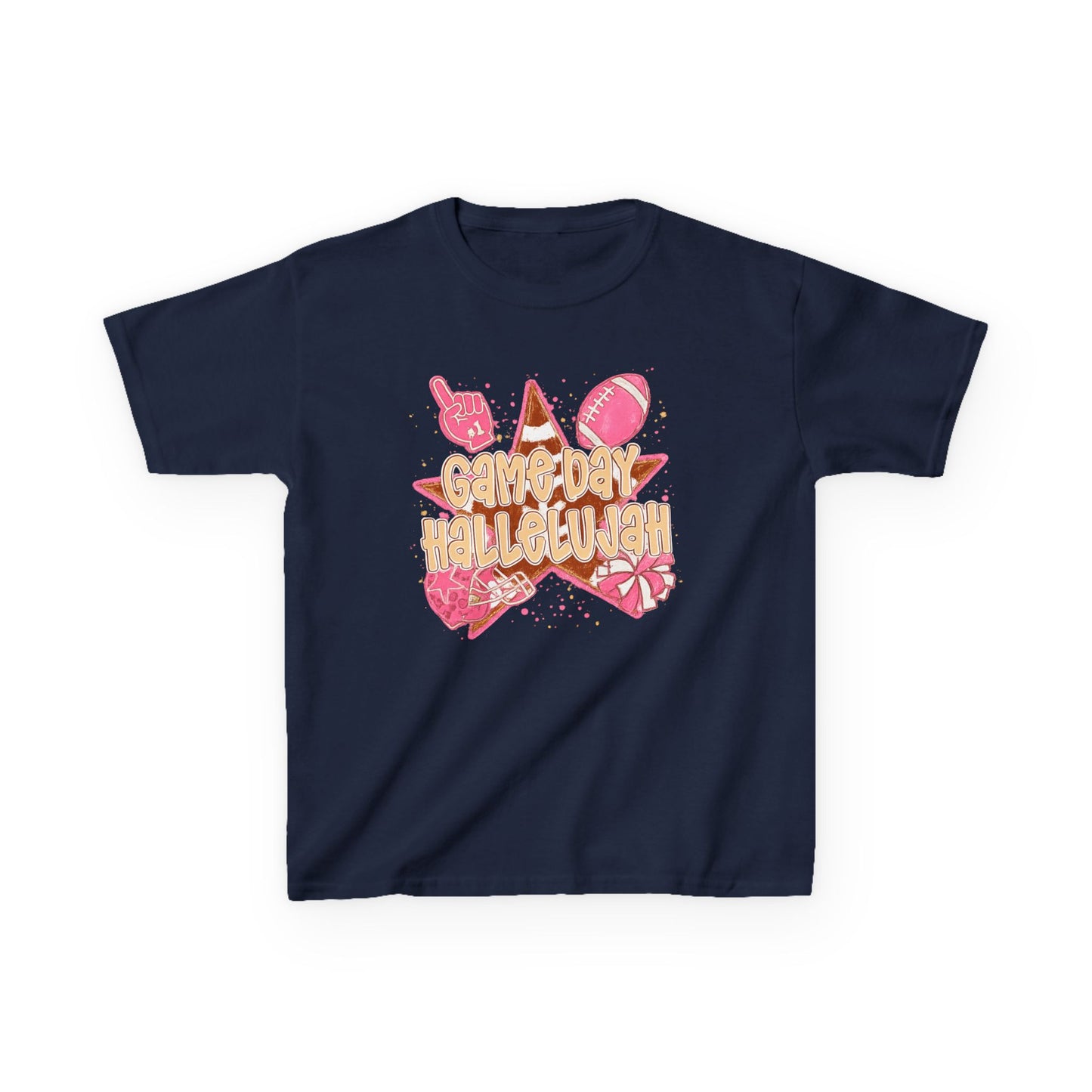 Kids Tee — "Game Day Hallelujah" Pink Football Cheer Shirt