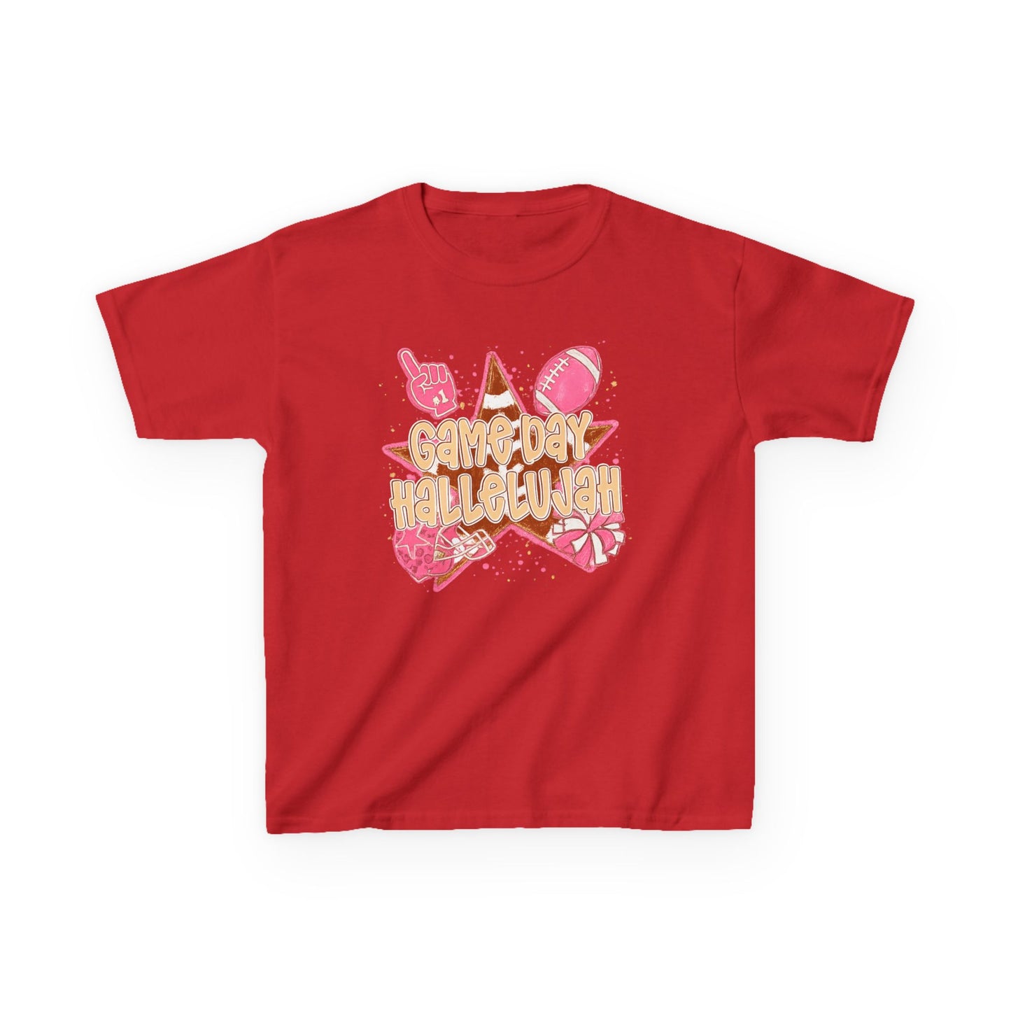 Kids Tee — "Game Day Hallelujah" Pink Football Cheer Shirt