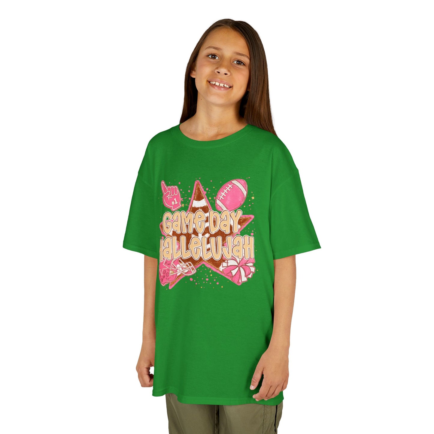 Kids Tee — "Game Day Hallelujah" Pink Football Cheer Shirt