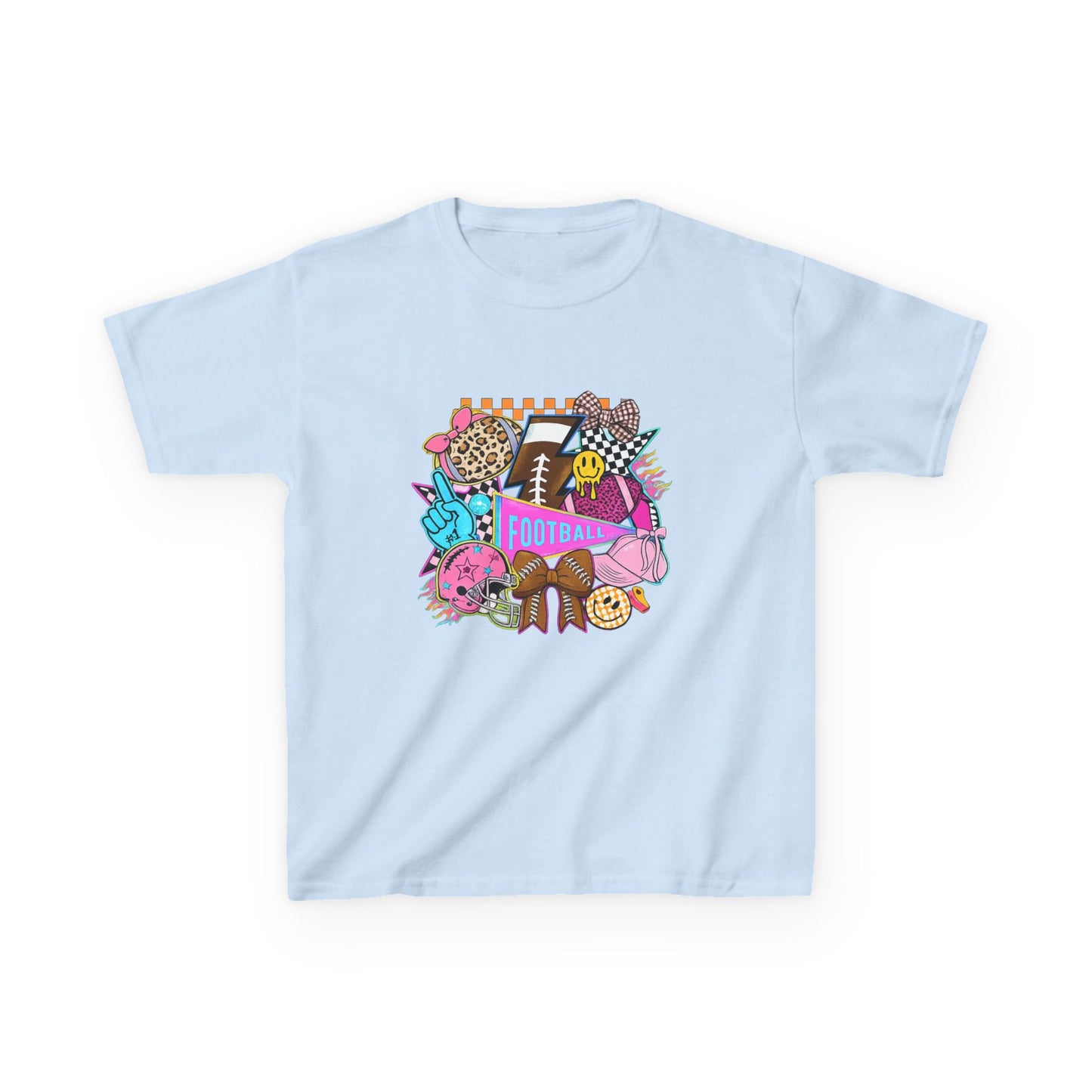 Kids Football Graphic Tee — Colorful Sticker-Style Sports Design