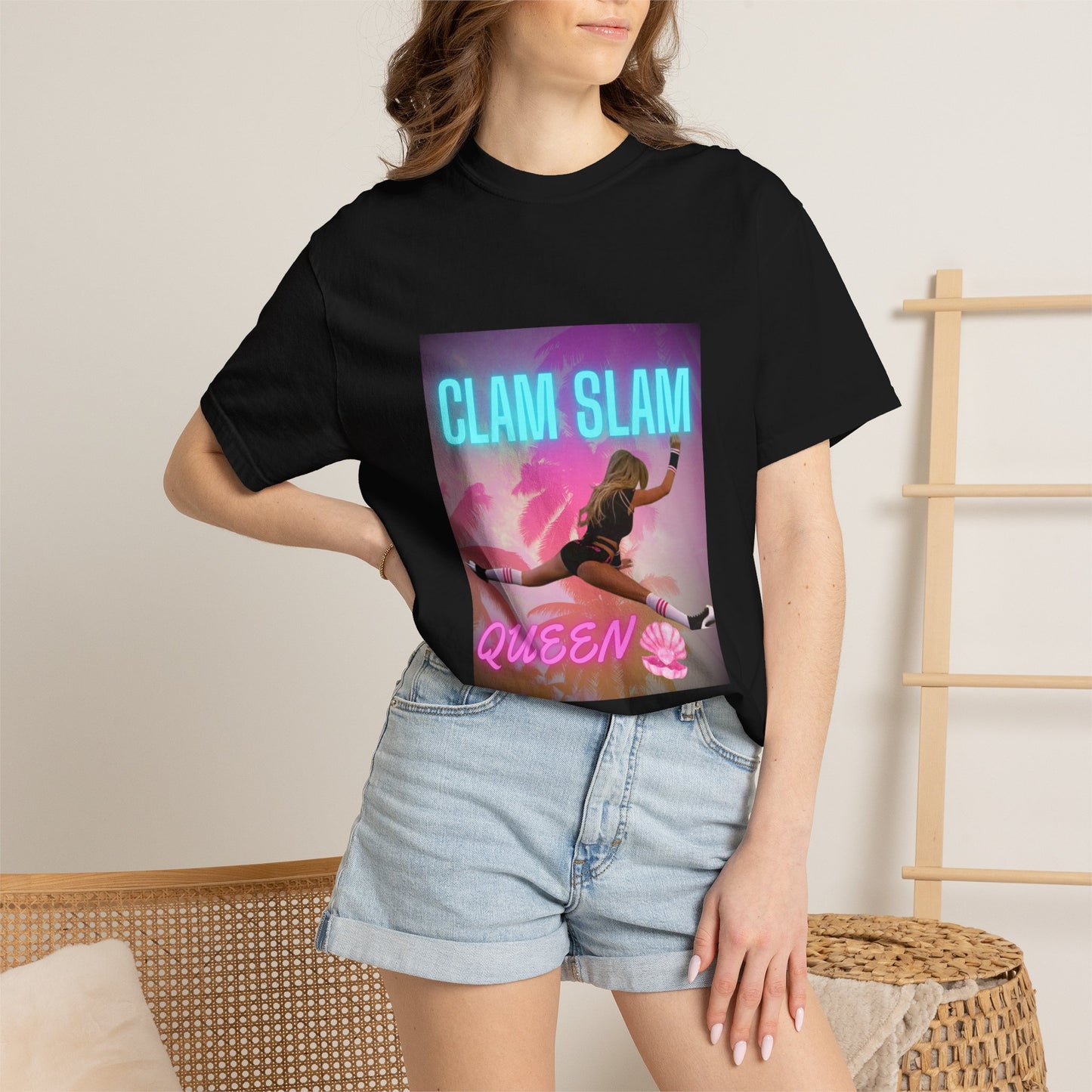 Clam Slam Queen T‑Shirt — Retro Neon Skategirl Graphic Tee