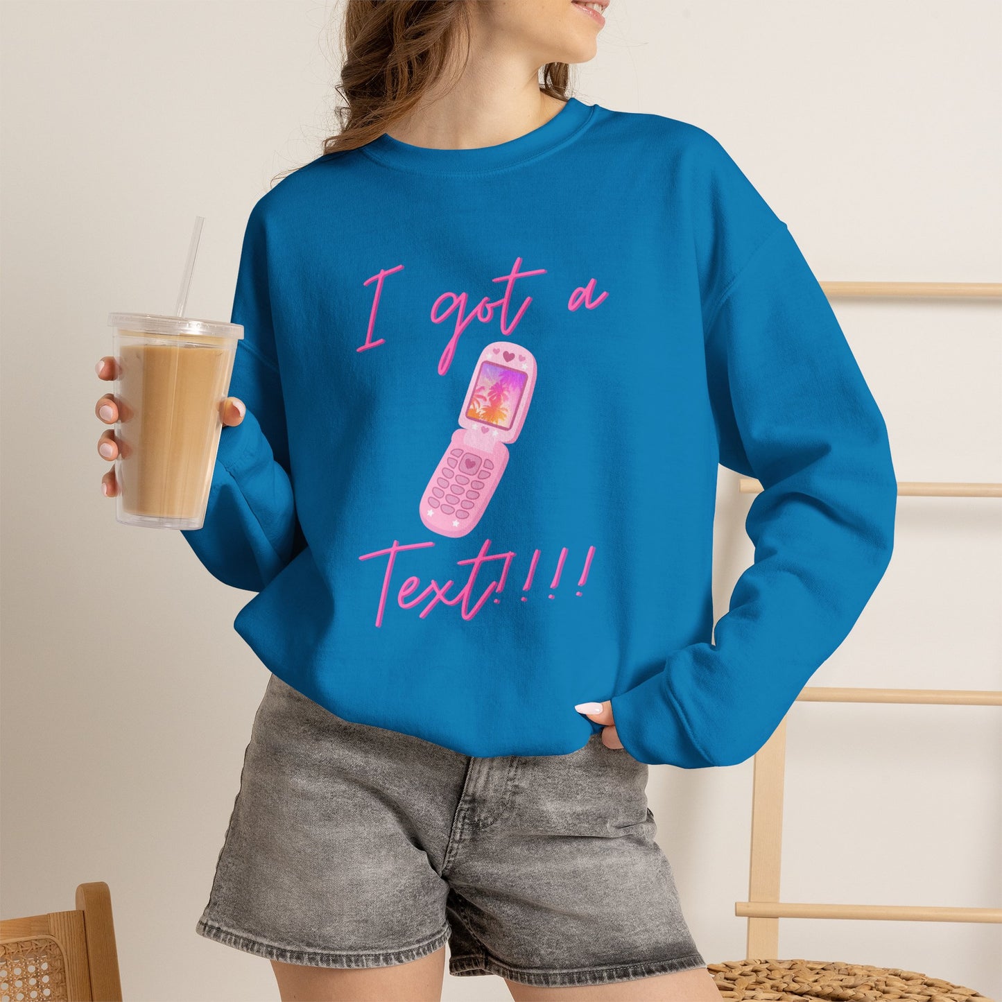 I Got a Text! Crewneck Sweatshirt — Retro Pink Flip Phone Graphic