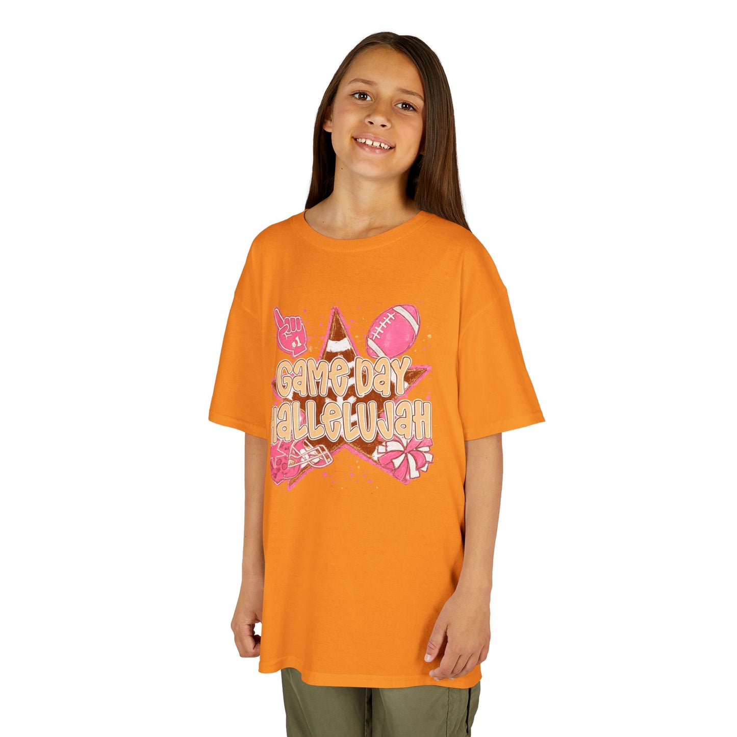 Kids Tee — "Game Day Hallelujah" Pink Football Cheer Shirt