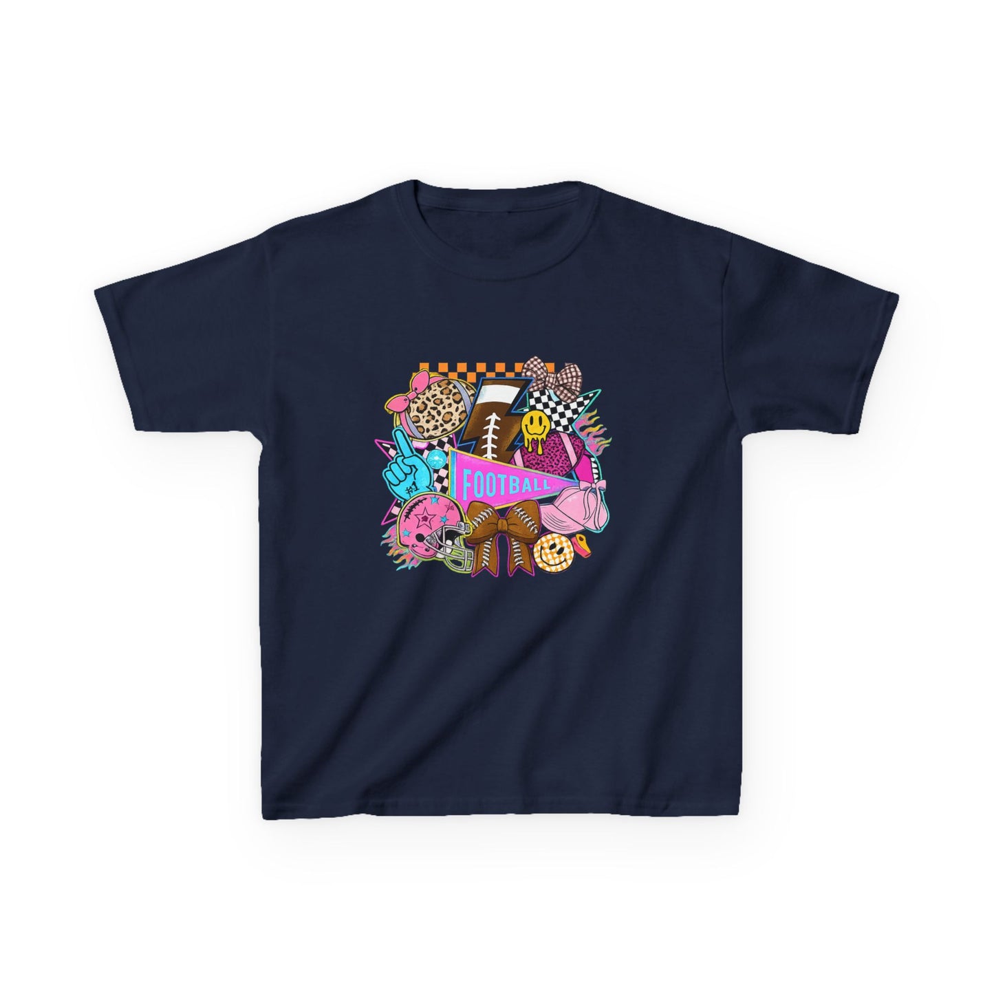 Kids Football Graphic Tee — Colorful Sticker-Style Sports Design
