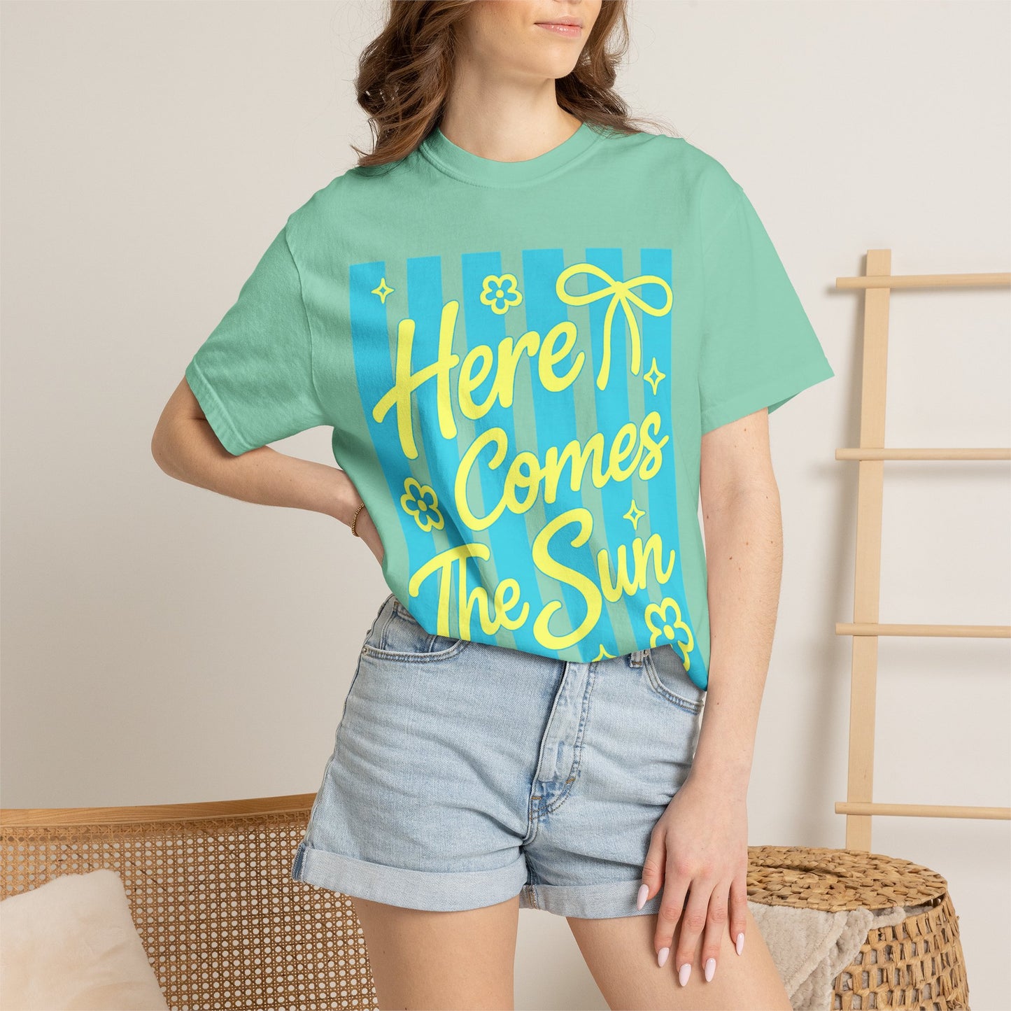 Here Comes The Sun T-shirt | Retro Stripes Floral Summer Design