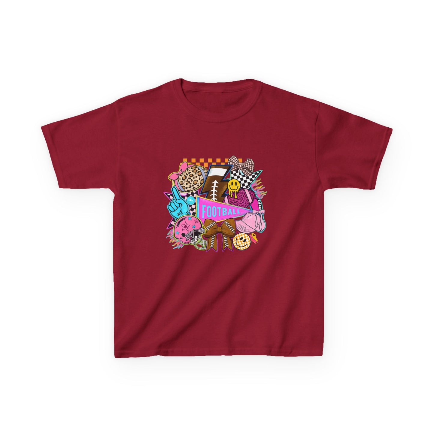 Kids Football Graphic Tee — Colorful Sticker-Style Sports Design