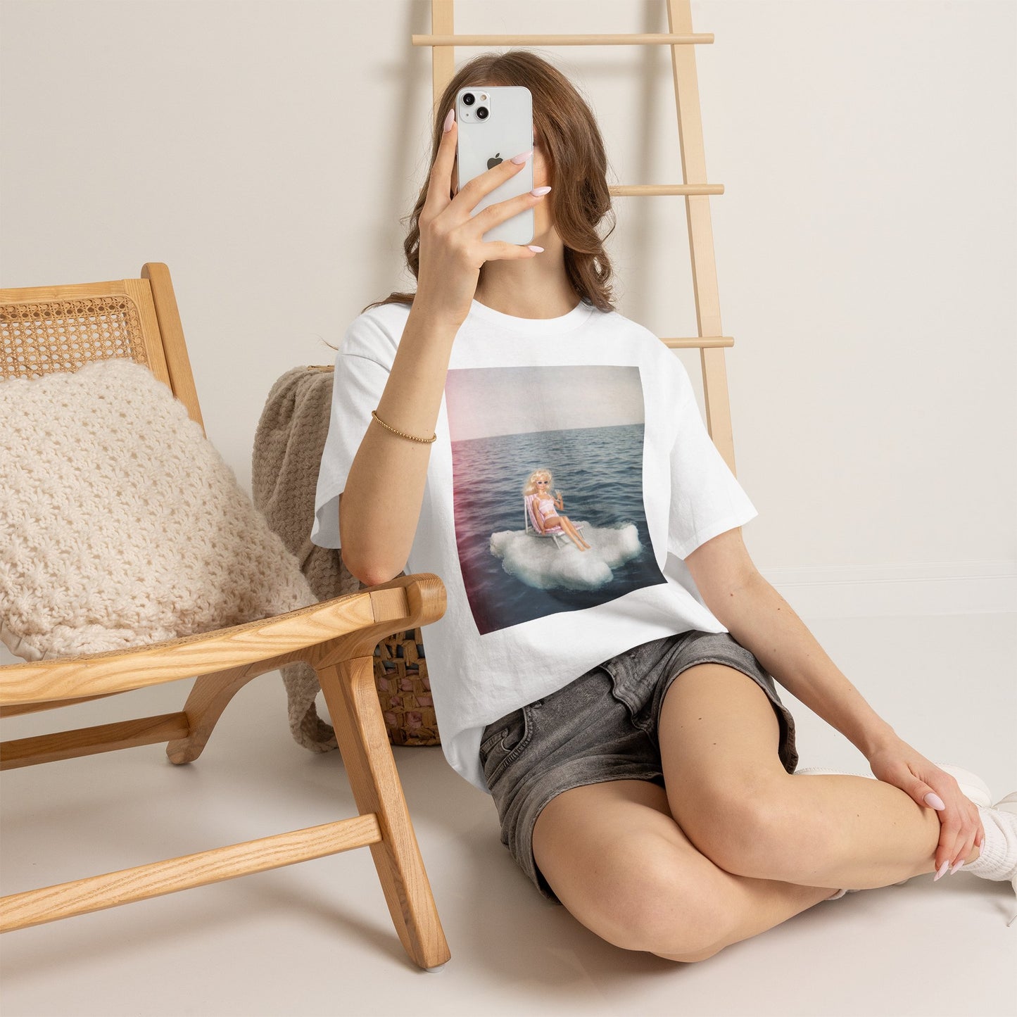 Blonde Doll on Cloud in Ocean T-Shirt | Surreal Vintage Photo Tee