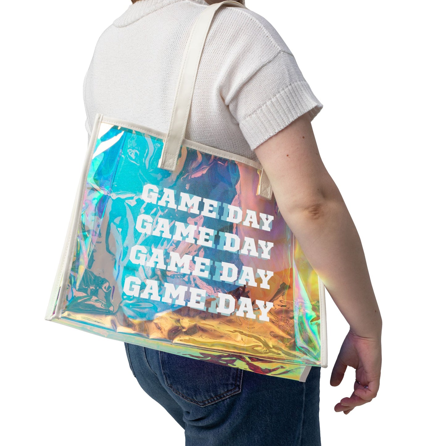Holographic Game Day Tote Bag — Iridescent Beach & Stadium Carryall