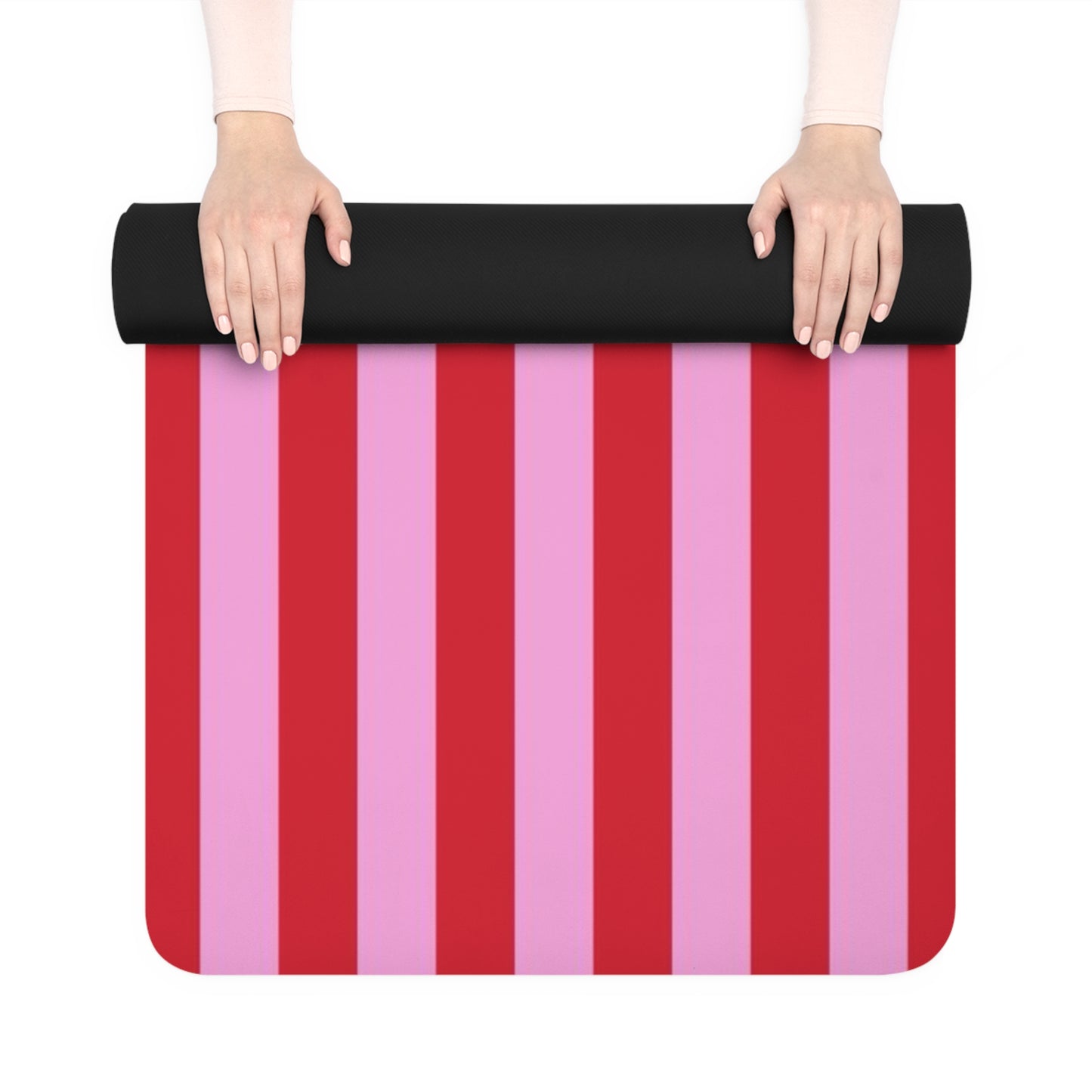 Striped Lingerie Line Rubber Yoga Mat — Pink & Red Stripes with Hanging Bras Design