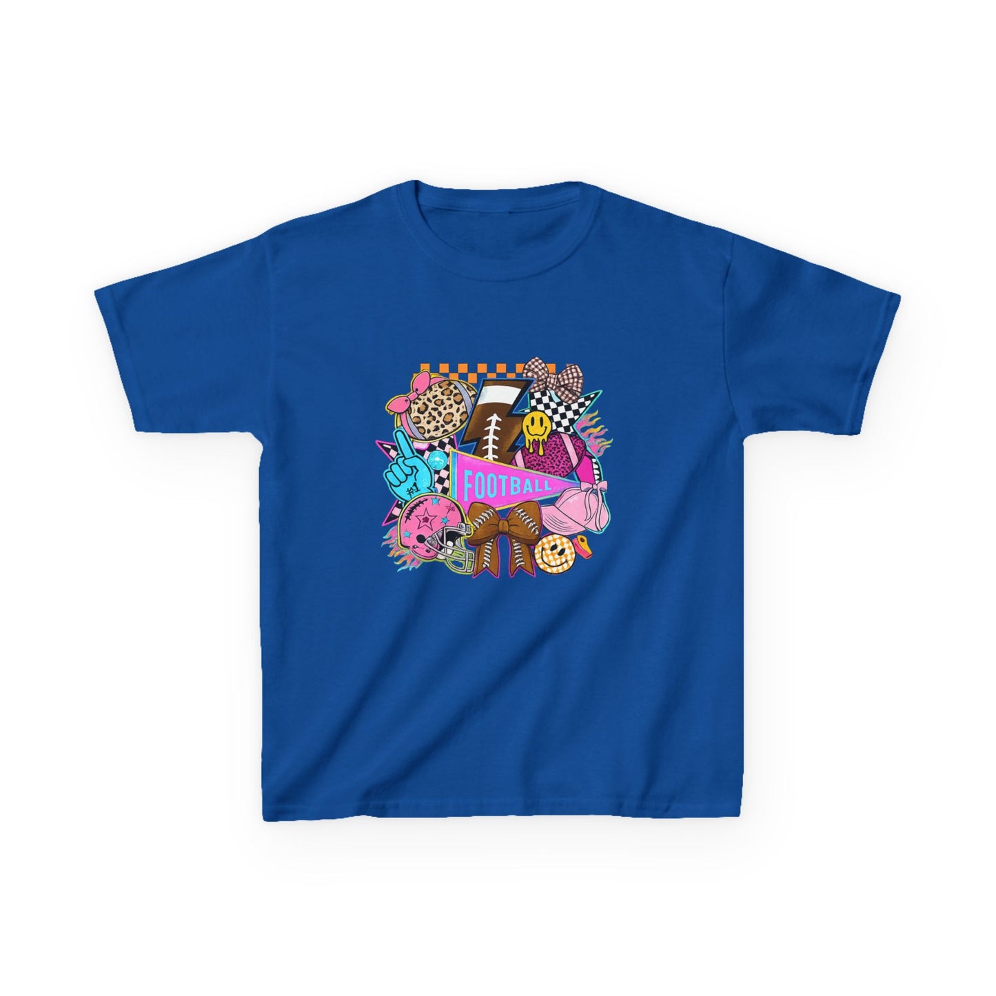 Kids Football Graphic Tee — Colorful Sticker-Style Sports Design