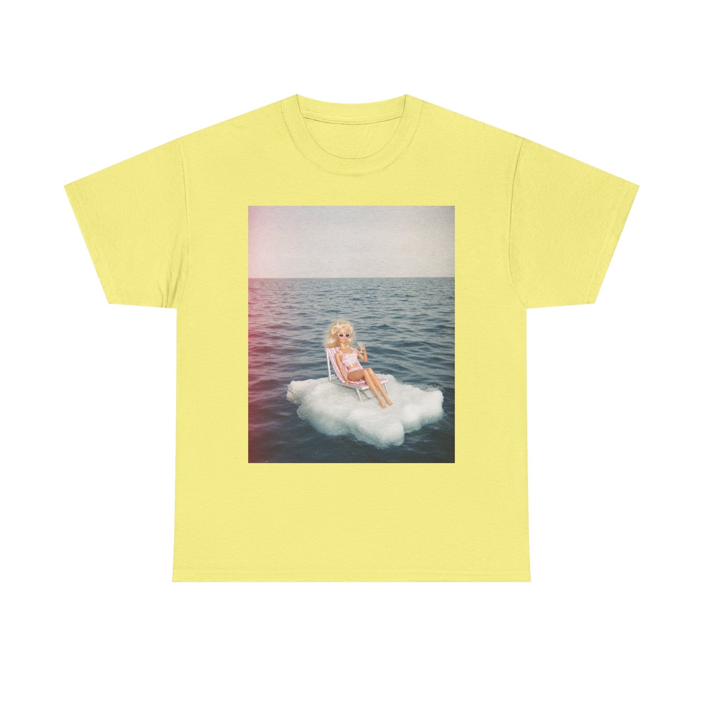 Blonde Doll on Cloud in Ocean T-Shirt | Surreal Vintage Photo Tee