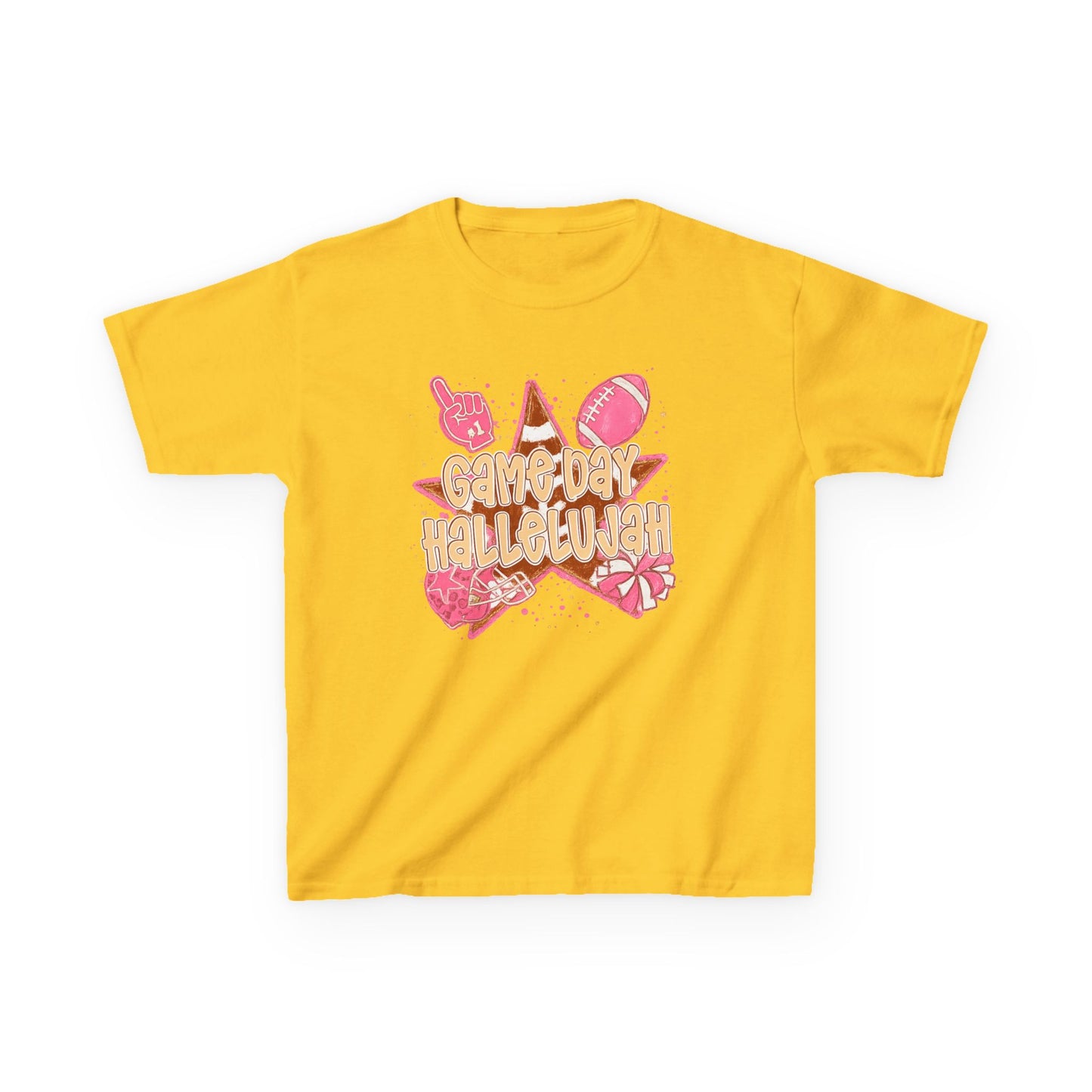 Kids Tee — "Game Day Hallelujah" Pink Football Cheer Shirt