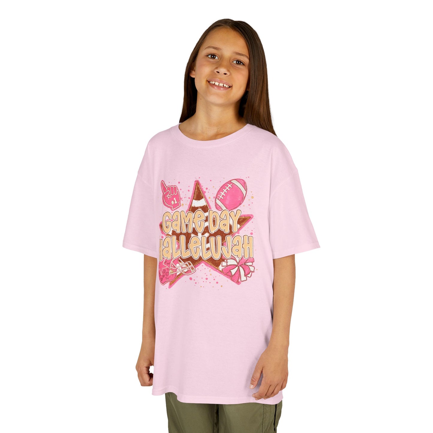 Kids Tee — "Game Day Hallelujah" Pink Football Cheer Shirt