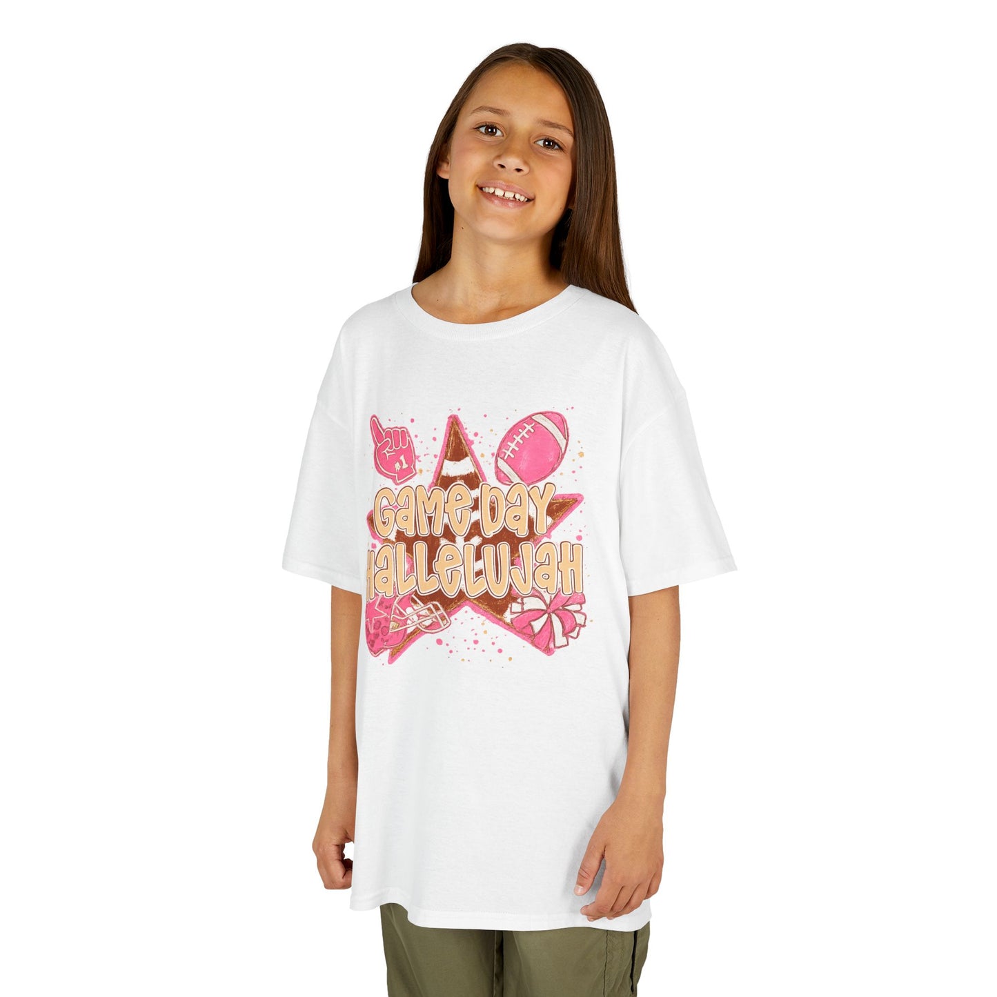 Kids Tee — "Game Day Hallelujah" Pink Football Cheer Shirt
