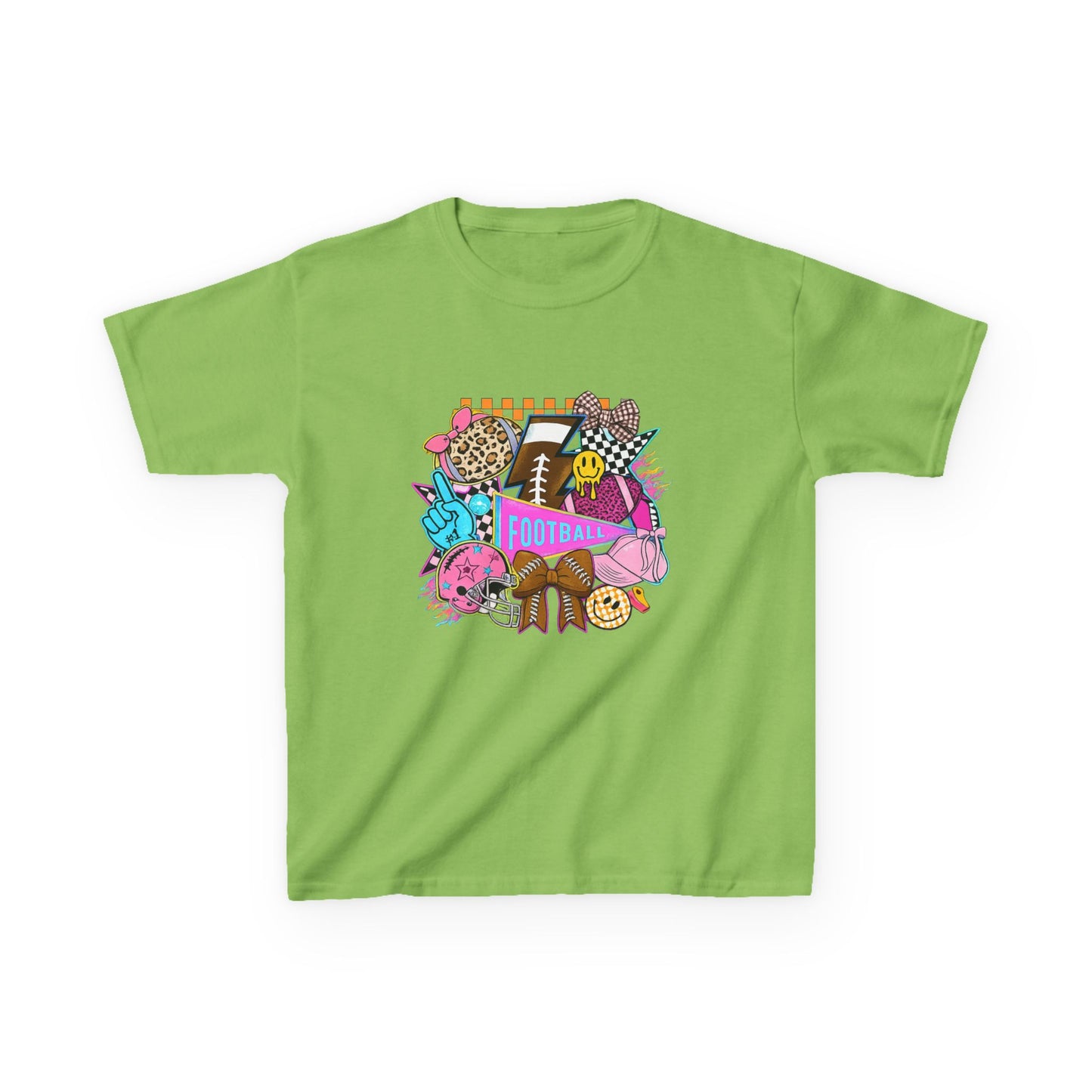 Kids Football Graphic Tee — Colorful Sticker-Style Sports Design
