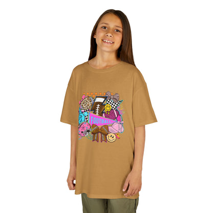 Kids Football Graphic Tee — Colorful Sticker-Style Sports Design