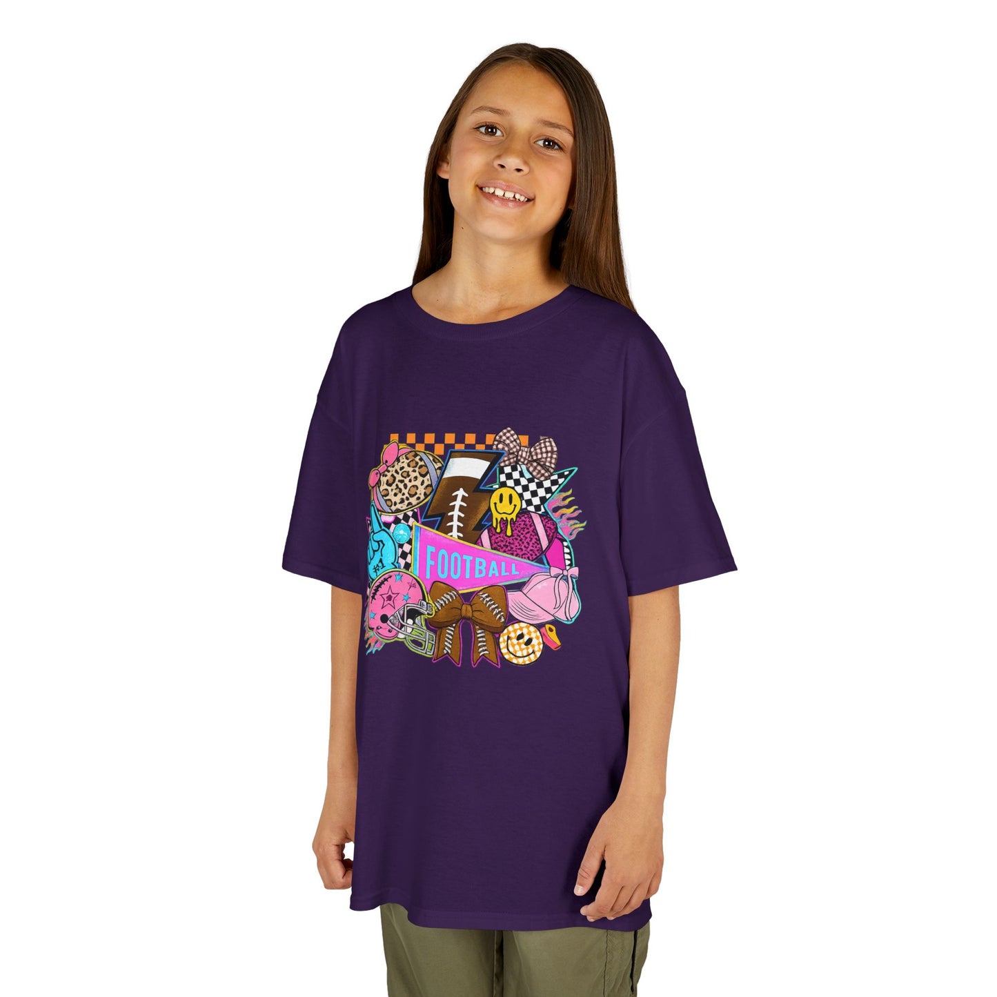 Kids Football Graphic Tee — Colorful Sticker-Style Sports Design