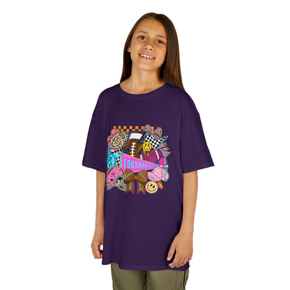 Kids Football Graphic Tee — Colorful Sticker-Style Sports Design