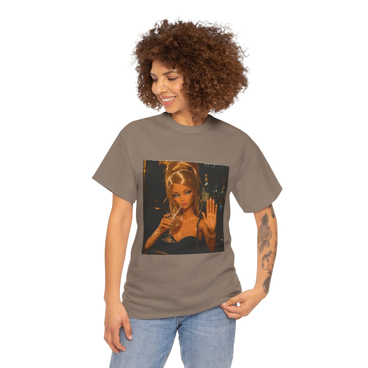 Doll Holding Drink Graphic Tee | Retro Bar Doll Illustration