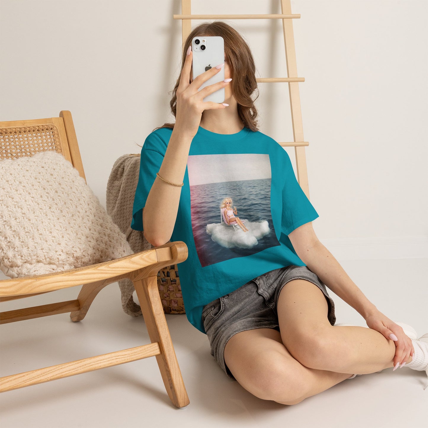 Blonde Doll on Cloud in Ocean T-Shirt | Surreal Vintage Photo Tee