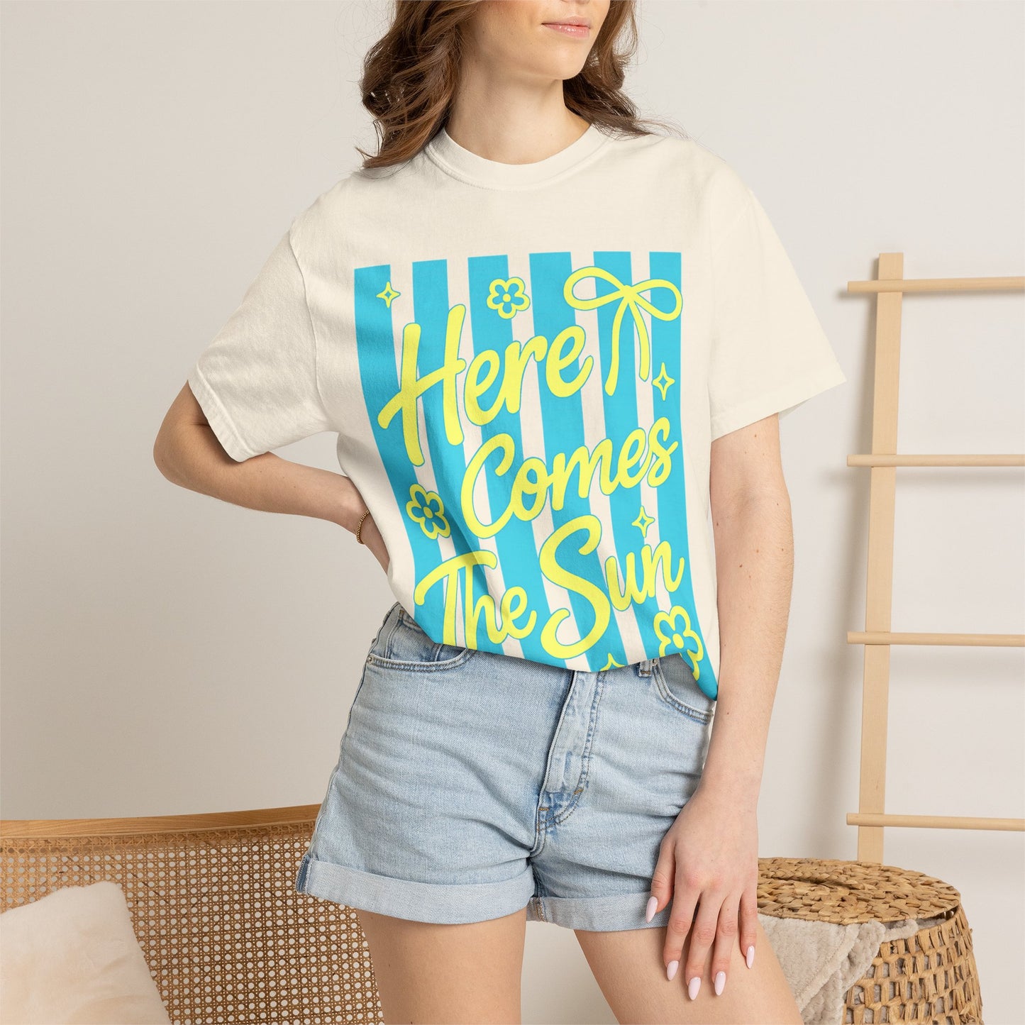 Here Comes The Sun T-shirt | Retro Stripes Floral Summer Design