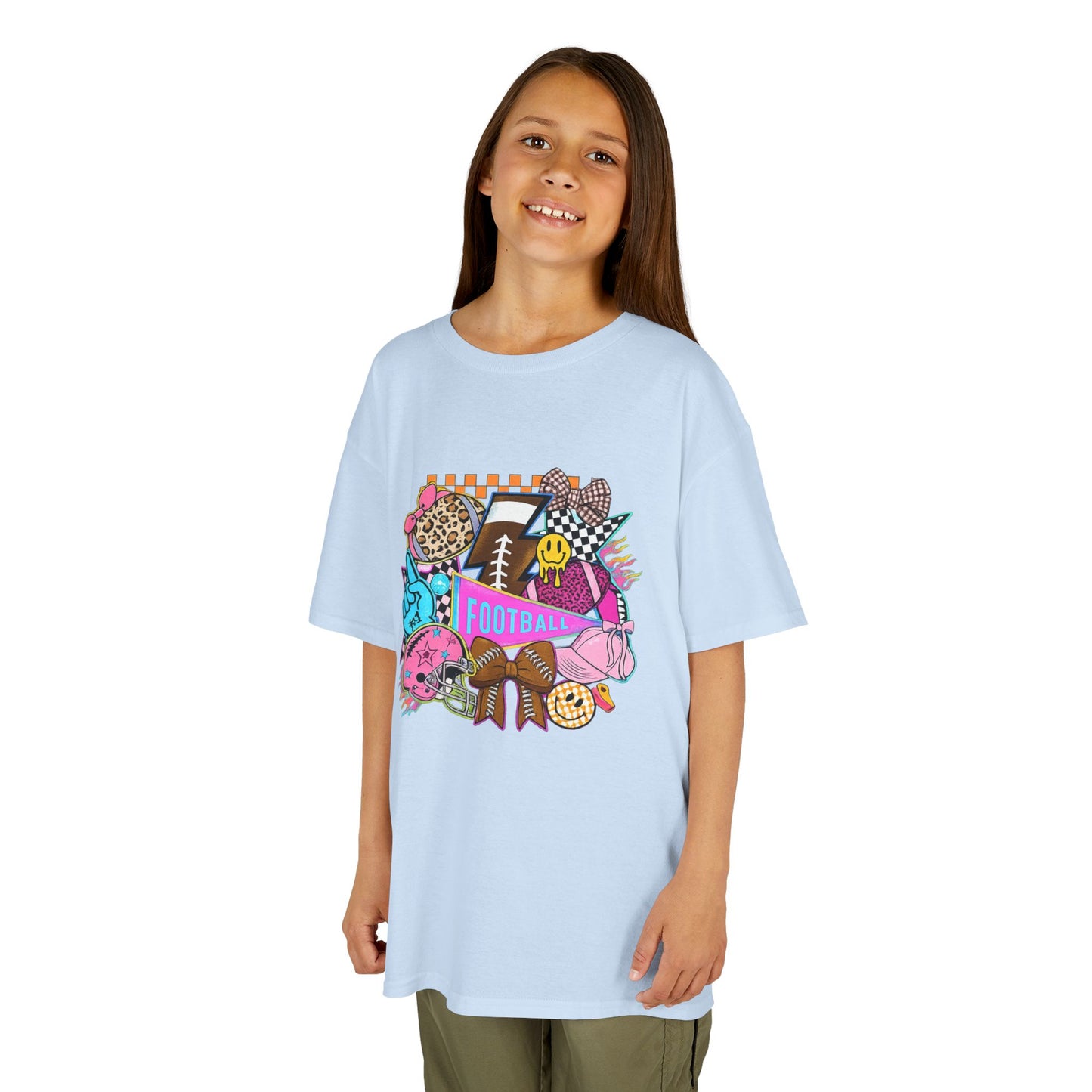 Kids Football Graphic Tee — Colorful Sticker-Style Sports Design