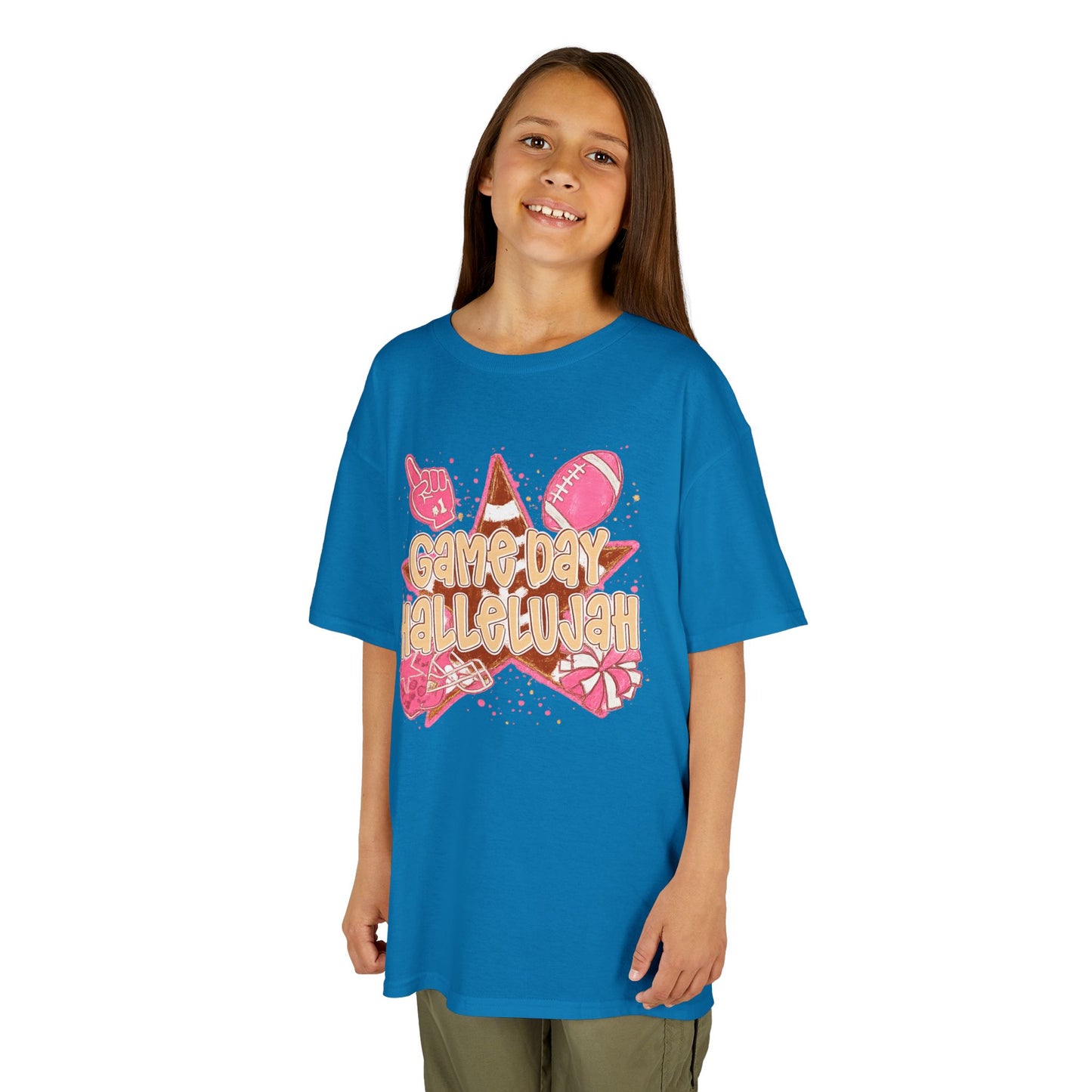 Kids Tee — "Game Day Hallelujah" Pink Football Cheer Shirt