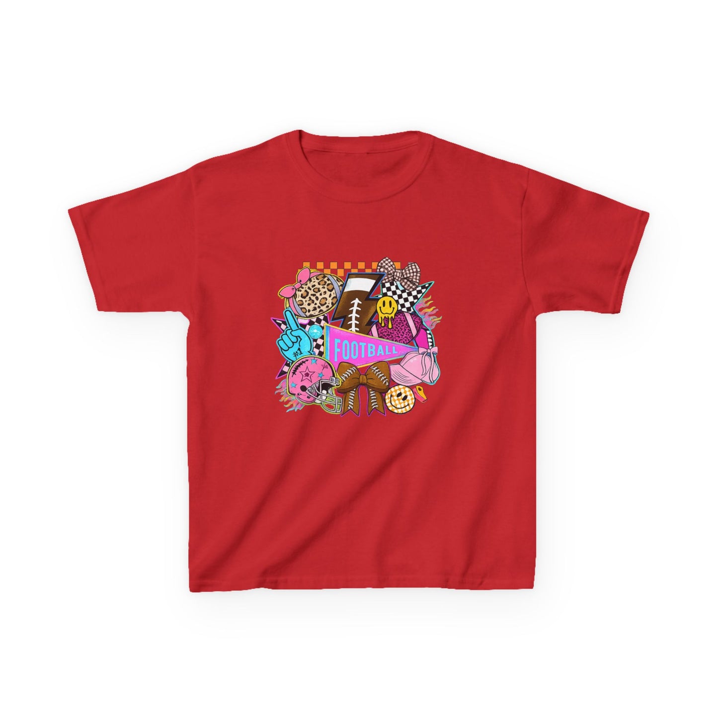 Kids Football Graphic Tee — Colorful Sticker-Style Sports Design