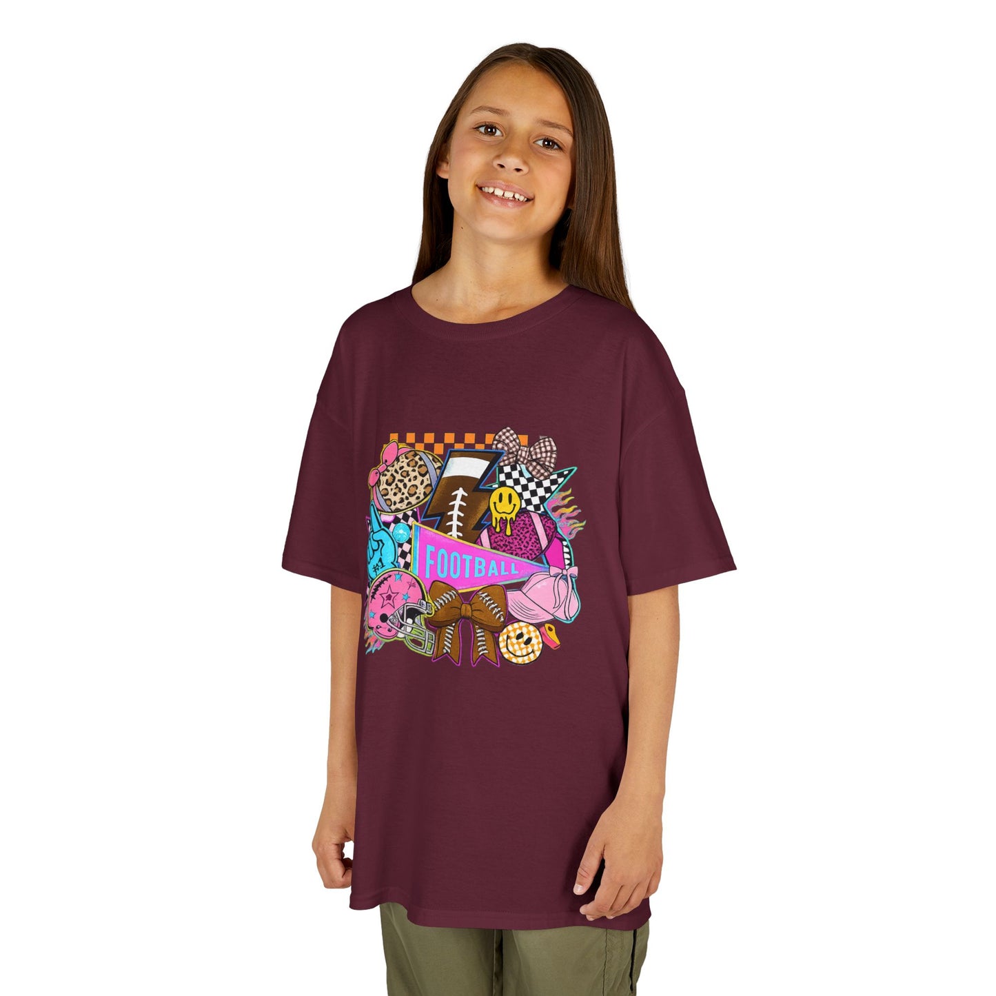 Kids Football Graphic Tee — Colorful Sticker-Style Sports Design