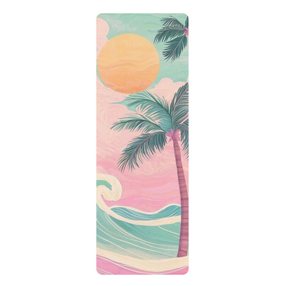 Tropical Sunset Rubber Yoga Mat — Palm Tree Beach Waves Non-Slip Mat