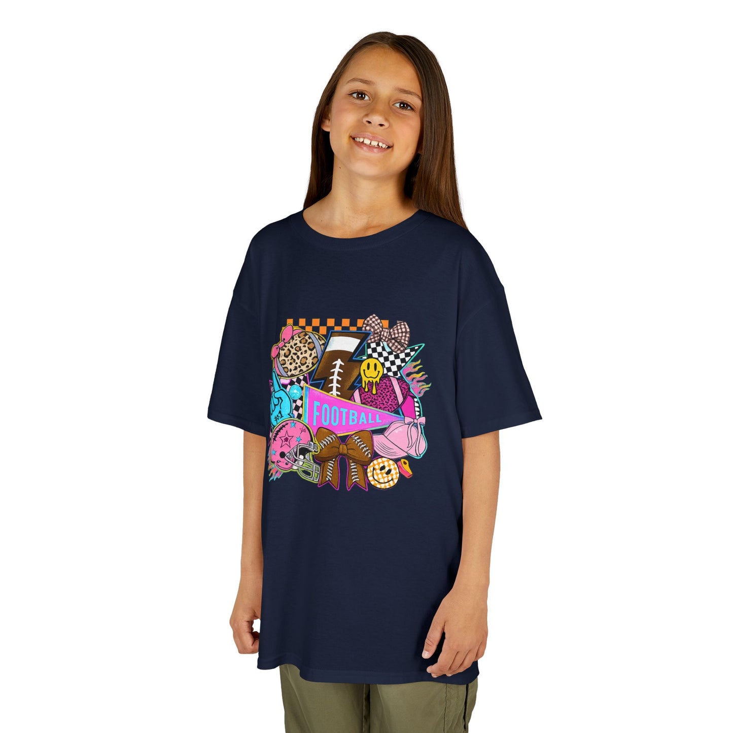 Kids Football Graphic Tee — Colorful Sticker-Style Sports Design