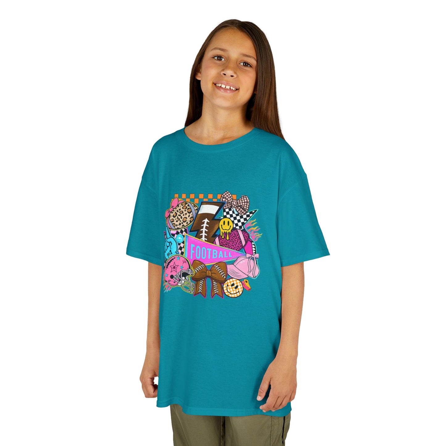 Kids Football Graphic Tee — Colorful Sticker-Style Sports Design