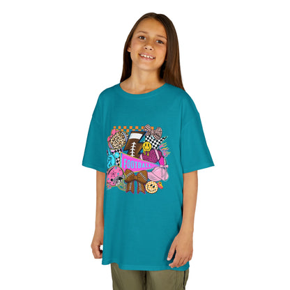 Kids Football Graphic Tee — Colorful Sticker-Style Sports Design