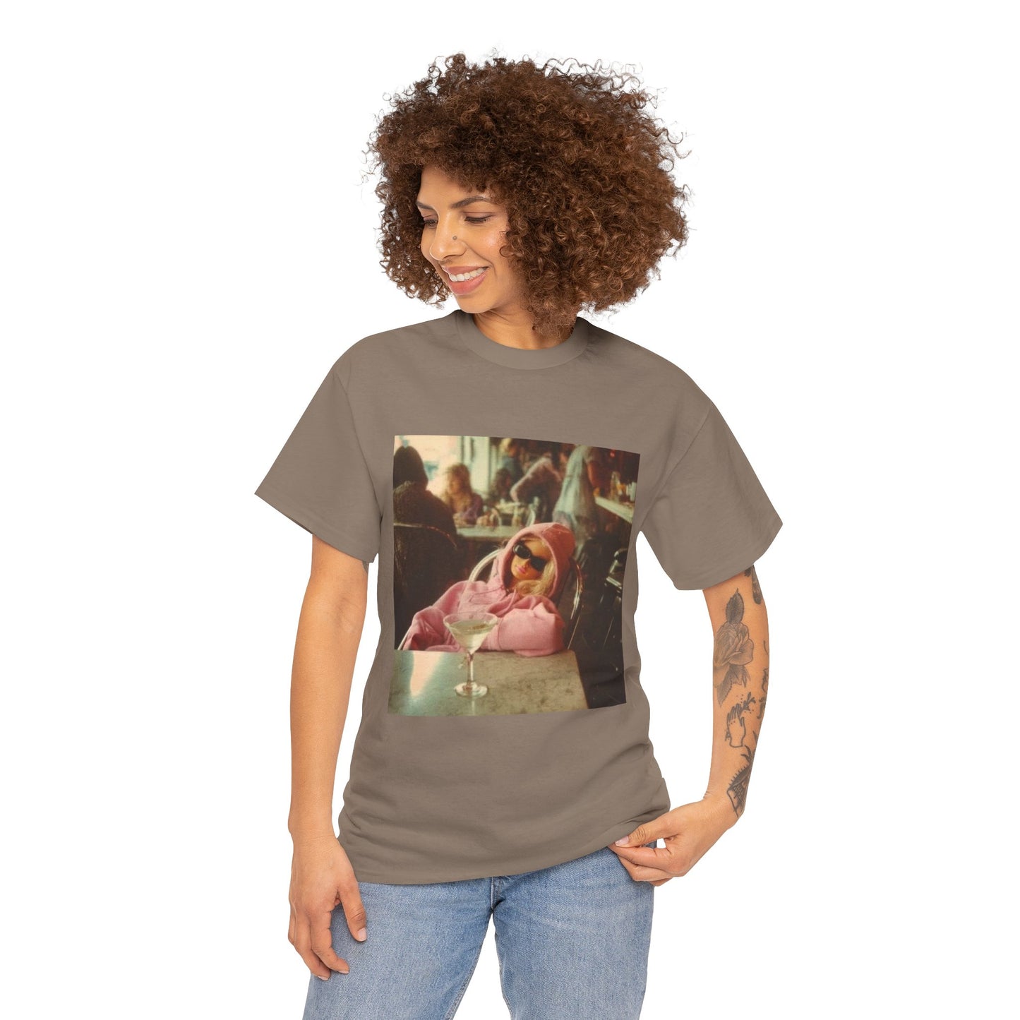 Doll in Pink Coat Photo Tee | Vintage Bar Scene, Martini Glass
